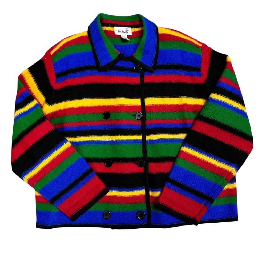 Talbots Vintage‎ 90s Primary Rainbow Striped Double Breasted Wool Cardigan Sz XL